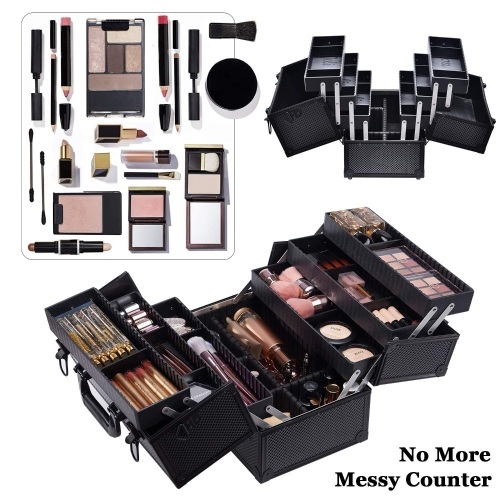 Joligrace Makeup Train Case Professional Adjustable - 6 Trays Cosmetic Cases Makeup Storage Organizer Box with Lock and Compartments 14 Inch Large Black - Lot 3879