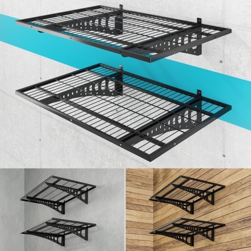 Dtrik Garage Storage Shelving Wall Mounted, 2 Pack 2x3ft, Loads 500 lbs Heavy Duty Sturdy Wall Shelves, Strong Garage Organiser, Storage Racks Units, Black Metal Floating Adjustable Wall System Shelf - Lot 3894