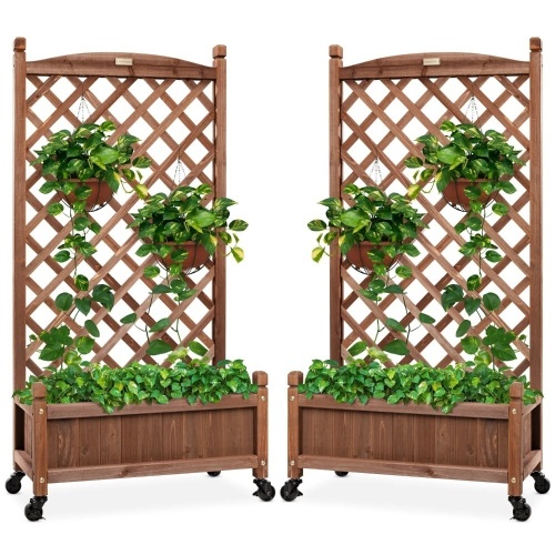 Set of 2 Wood Planter Box & Lattice Trellis w/ Optional Wheels - Lot 4009