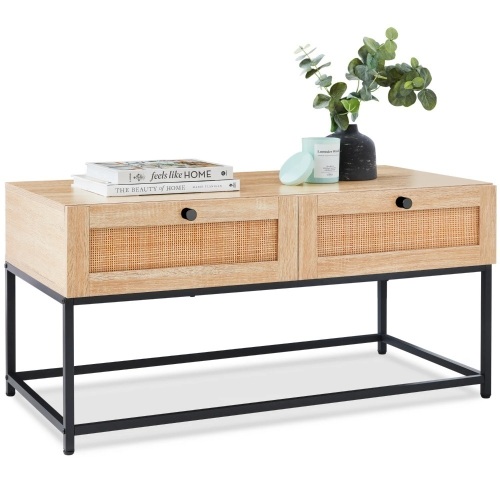 2-Drawer Rattan Coffee Table w/ Oak Wood Grain Finish, Metal Frame - Lot 4018