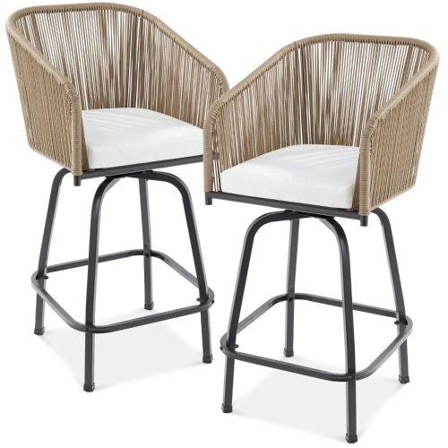 Set of 2 Woven Wicker Swivel Barstools w/ 360 Rotation, Steel Frame - Lot 4096