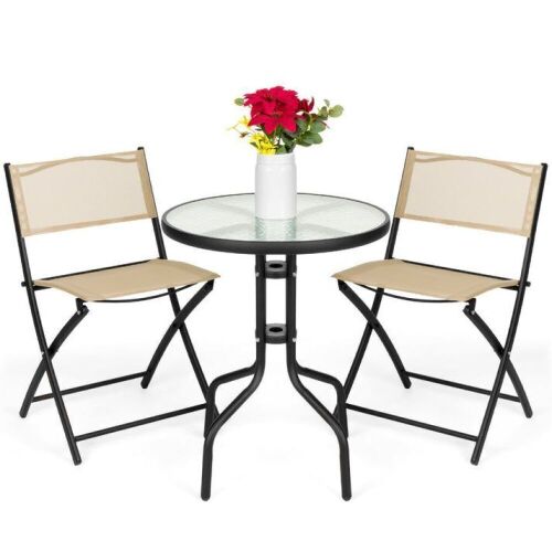3-Piece Bistro Set w/ Glass Table, 2 Foldable Chairs  - Lot 266