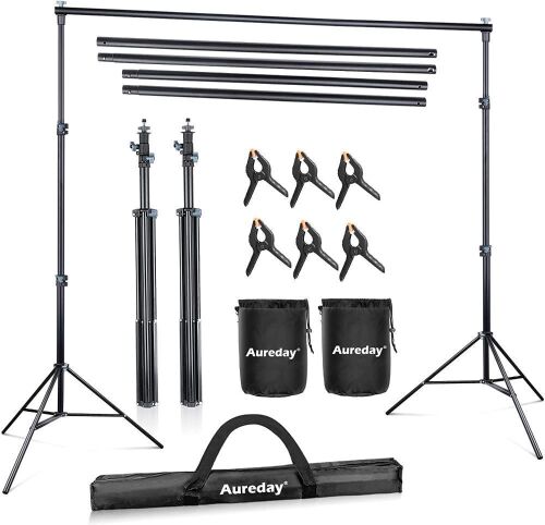 Aureday 8.5x10ft Adjustable Photo Backdrop Stand with Travel Bag, 6 Backdrop Clamps, 4 Crossbars, 2 Sandbags - Lot 326