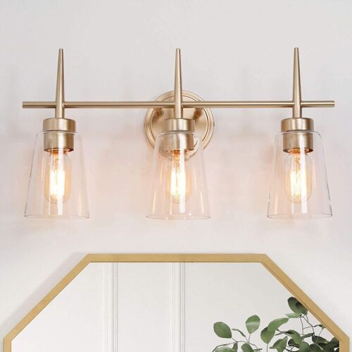 3-Light Gold Bathroom Light Fixture with Clear Glass Shades 20’’ L x 6’’ W x 11.5’’ H - Lot 386