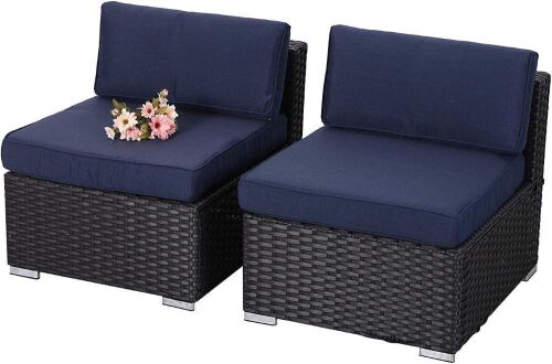 PHI VILLA Outdoor Sectional Furniture 2 Piece Patio Sofa Set Low-Back Rattan Wicker Additional Seat, Navy Blue  - Lot 210
