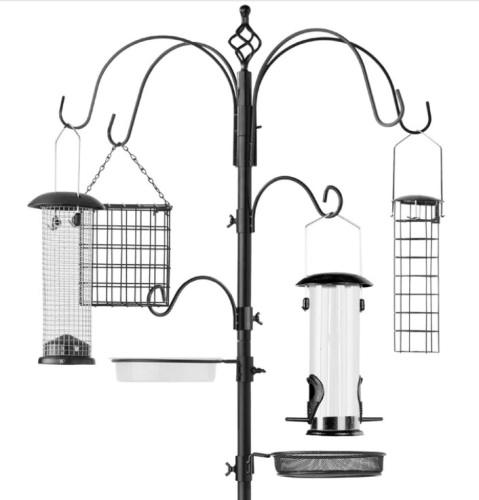 Bird Feeding Station, 6-Hook Steel Multi-Feeder Stand w/ 4 Feeders - 89in - Lot 161