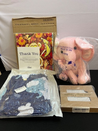 Misc Baby Items Bundle-Wall Art Prints, Blanket, Plush Elephant, Nursing Pillow Cover - Lot 257