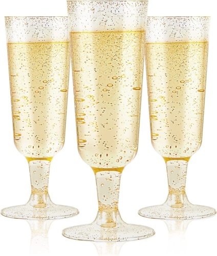 JOLLY CHEF 100 Pack Plastic Gold Glitter Champagne Flutes, Disposable, 5 Oz - Lot 439