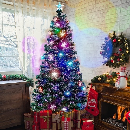 6 ft Pre-Lit Fiber Optic Christmas Tree with LED Color Changing Lights, Snowflakes, Top Star & Durable Metal Legs - Lot 504