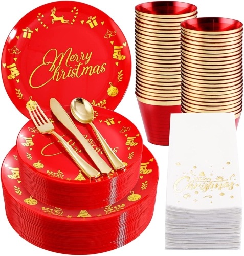 210PCS Red and Gold Plastic Christmas Dinnerware Set - Lot 451