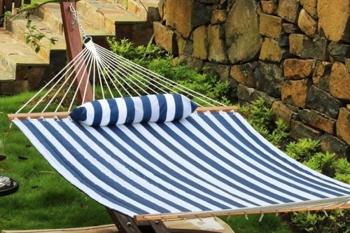 Quilted Fabric Hammock with Pillow, Hardwood Spreader Bars, Heavy Duty 450-Pound Weight Capacity - Lot 502