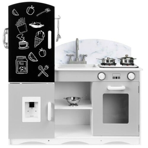 Wooden Pretend Play Kitchen Toy Set for Kids w/ Chalkboard, Marble Backdrop, 7 Accessories - Gray - Lot 116
