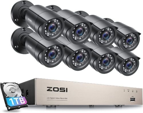 ZOSI 8CH 1080P Security Camera System Outdoor with 1TB Hard Drive,H.265+ 8 Channel 5MP Lite Video DVR Recorder with 8X 1080P HD 1920TVL Weatherproof CCTV Cameras,Motion Alert,Easy Remote Access  - Lot 30
