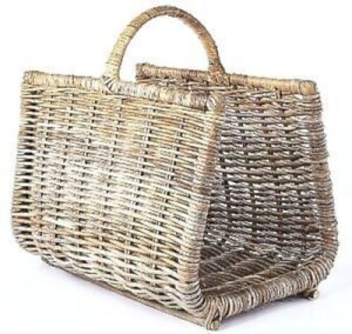 Metal Frame Rattan Wicker Woven Fire Wood Log Holder Carrier Basket Farmhouse - Lot 258