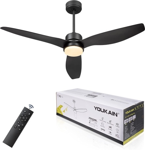 YOUKAIN 52 Inch Indoor/Outdoor Modern Ceiling Fan with Lights and Remote Control, Reversible Blades, Matte Black  - Lot 124