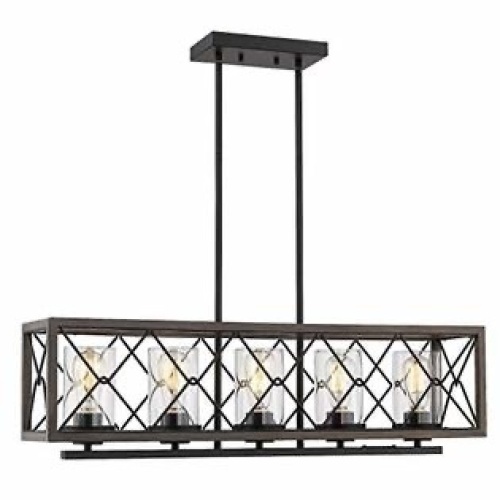 Zeyu 5-Light Kitchen Island Farmhouse Pendant Lighting With Clear Glass, Wood And Black Finish    - Lot 311