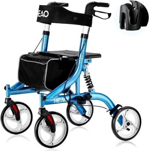 HEAO Rollator Walker with Seat, Shock Absorber, Padded Backrest and One-Hand Folding Design - Lot 179