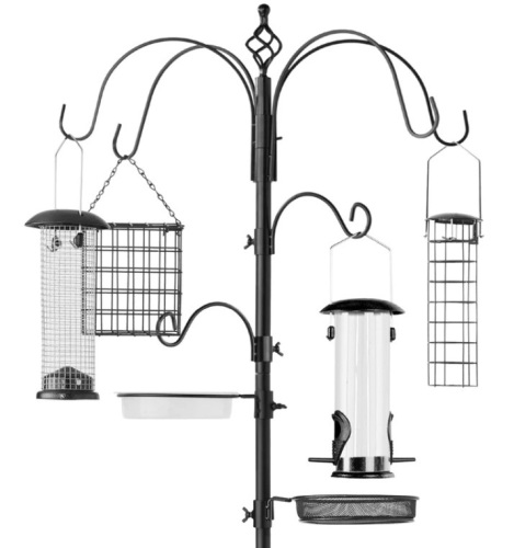 Bird Feeding Station, 6-Hook Steel Multi-Feeder Stand w/ 4 Feeders - 89in - Lot 213