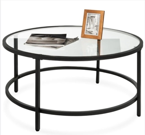 Round Tempered Glass Coffee Table w/ Steel Frame - 36in - Lot 101