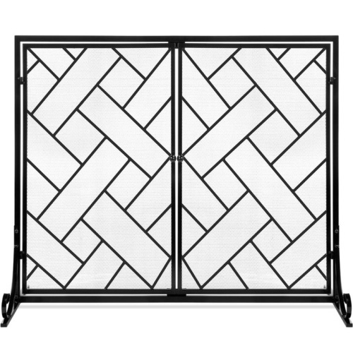 2-Panel Wrought Iron Geometric Fireplace Screen w/ Magnetic Doors - 44x33in - Lot 5055