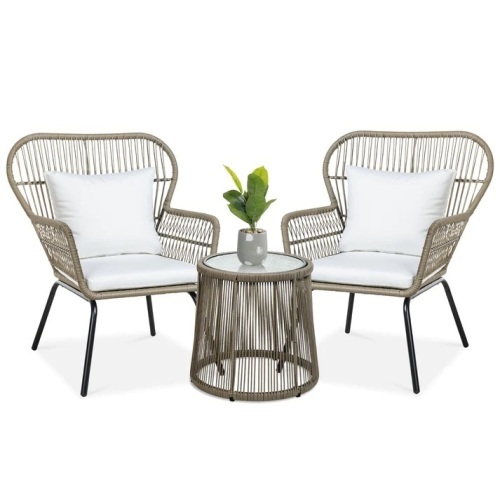 3-Piece Patio Wicker Conversation Bistro Set w/ 2 Chairs, Glass Top Table - Lot 5081