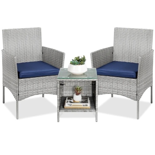 3-Piece Outdoor Patio Wicker Bistro Set w/ Side Storage Table - Lot 5096
