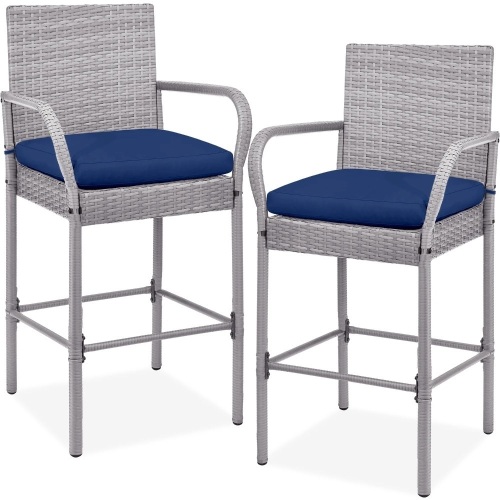 Set of 2 Indoor Outdoor Wicker Bar Stools w/ Cushion, Footrests, Armrests - Lot 5149