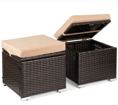 Set of 2 Wicker Ottomans, Multipurpose w/ Removable Cushions, Steel Frame - Lot 61
