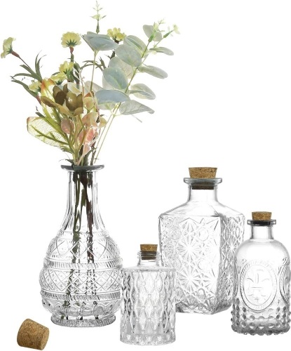 Embossed Apothecary Style Flower Bud Vases with Cork Lids, Assorted Design and Sizes, Set of 4 - Lot 306