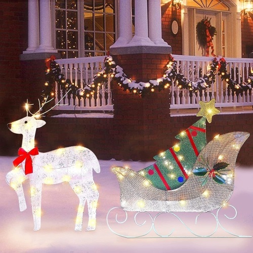 Lighted Christmas Reindeer Sleigh Outdoor Yard Decoration - Lot 103