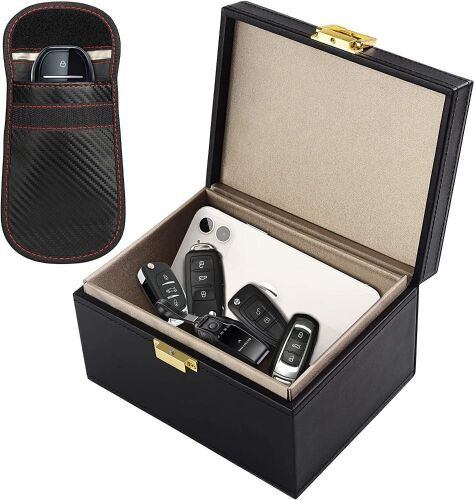 Faraday Box, With 2pc Faraday Pouch Key Fob Protector, Large RFID Box for Car Keys, Carbon Fiber Signal Blocker for Keyless Fob - Lot 495