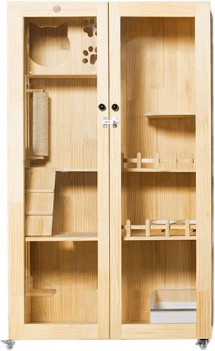 Laifug Large Wooden Cat House, Luxury Multi-Feature Cat Condo with Cat Scratching Posts, 59in Oversized Cat Villa on Wheels  - Lot 47