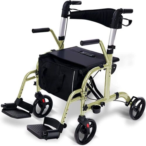 WINLOVE 2 in 1 Rollator Walker with Padded Seat, Adjustable Handle and Reversible Backrest, Champagne - Lot 115