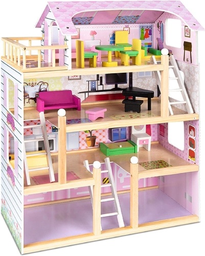 4-Level Kids Wooden Mansion, Uptown Dollhouse w/ 13 Furniture Accessories, 4 Rooms, Balcony, Garage - 32.25in   - Lot 362