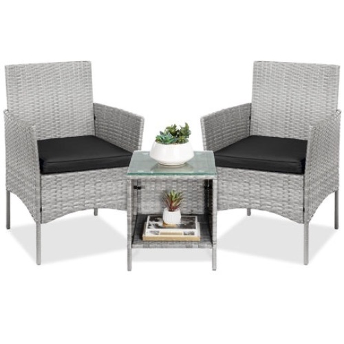3-Piece Outdoor Patio Wicker Bistro Set w/ Side Storage Table  - Lot 355