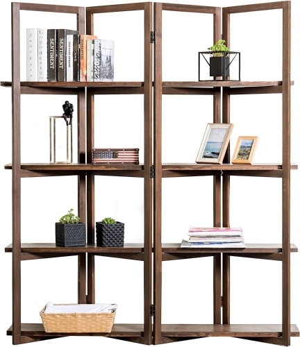 Dark Brown Wood 4 Panel Room Divider with Shelves, 4 Tier Display Shelf Rack   - Lot 97