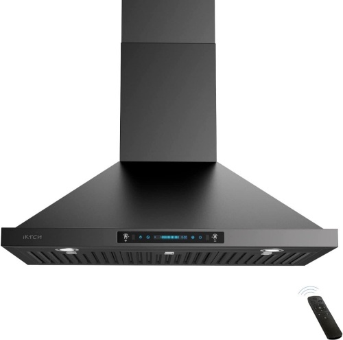 IKTCH 36 inch Black Wall Mount Range Hood, 900 CFM Ducted/Ductless Stainless Steel with Gesture Sensing & Touch Control Switch Panel, 2 Pcs Adjustable Lights  - Lot 45