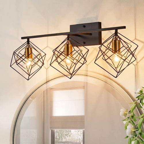BEHIYA 3- Lights Bathroom Vanity Lights with Bulbs, Bathroom Light fixtures Over Mirror, Black and Gold Brushed Brass with Unique Rotatable 3 Cube Shades Enormous Lamp for Dressing Table - Lot 5221
