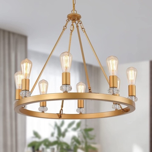 MEIXISUE Gold Wagon Wheel Chandelier 8-Lights Round Metal Modern Industrial Chandelier Pendant Ceiling Light Fixture for Dining Room Living Room Kitchen Island Entryway Foyer Office UL Listed - Lot 5384