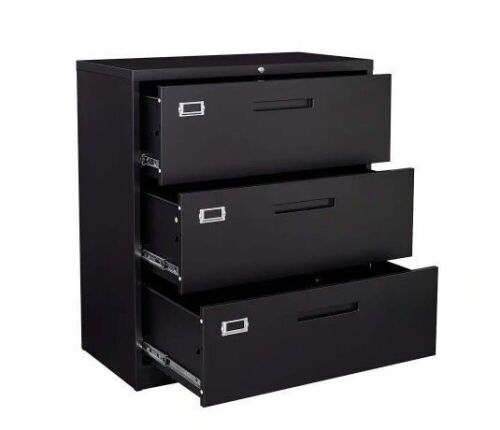 3 Drawer Lateral Black Metal Cabinet Storage Filing Legal Letter File Folders 15.7"D x 35.4"W x 40.5"H - Lot 23