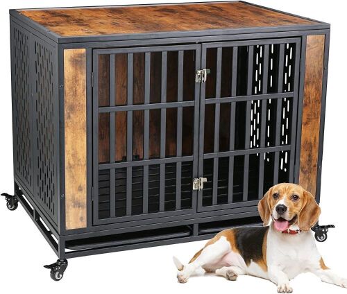 Heavy Duty Furniture Style Kennel Crate with Lockable Wheels & Removable Trays   - Lot 33