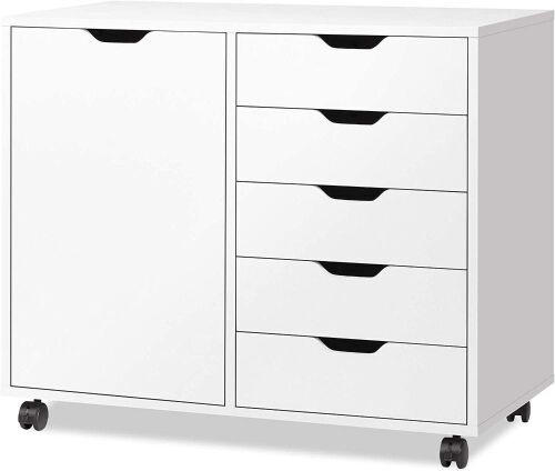 DEVAISE 5-Drawer Wood Dresser Chest with Door, Mobile Storage Cabinet, Printer Stand  - Lot 41
