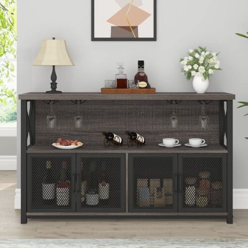 LVB Industrial Sideboard Buffet with Storage Rack, Dark Gray Oak, 47 Inch  - Lot 50