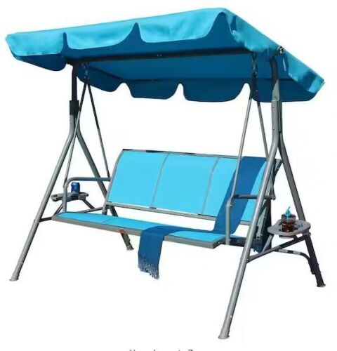 3-Person Blue Metal Outdoor Patio Swing Chair with Canopy - Lot 51