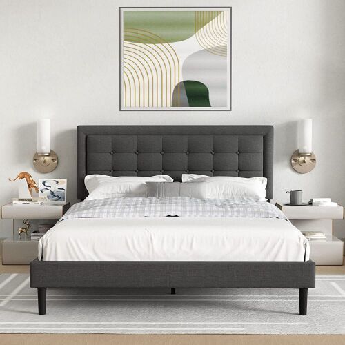 UNIZONE Queen Upholstered Bed Frame with Button Headboard, Wood Slats Support, Linen, Dark Gray  - Lot 53
