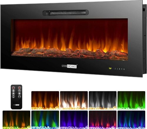VIVOHOME 50 Inch 750W / 1500W Wall Mounted and in Wall Recessed Electric Fireplace Heater with Remote Control Touch Screen, Overheating Protection, 9 Flame Color, Log Set and Crystal  - Lot 78