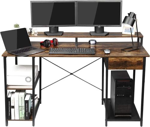 OUTFINE Computer Office Desk with Drawer, Monitor Stand and Storage Shelves  - Lot 96