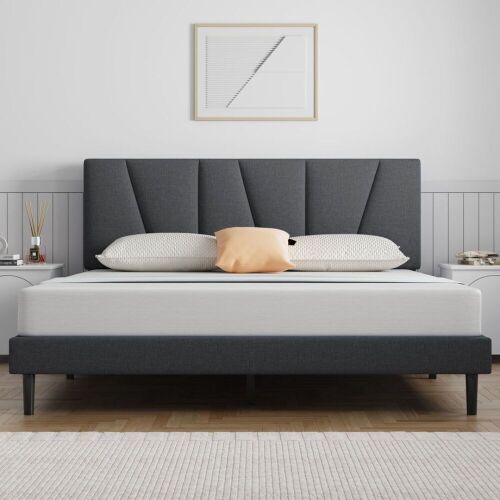Upholstered Platform Bed Frame, Queen, Dark Grey  - Lot 228