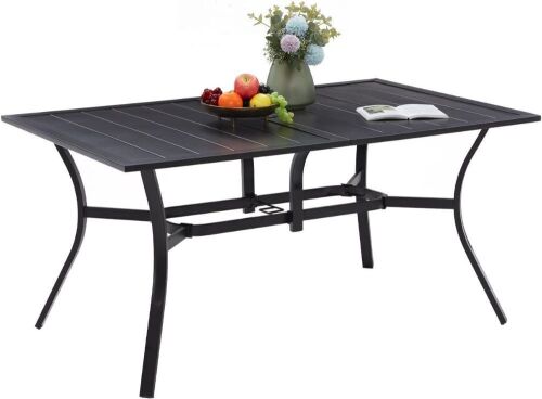 VICLLAX Patio Dining Table for 6, Metal Slatted Tabletop Sturdy Metal Frame with Umbrella Hole - Lot 216