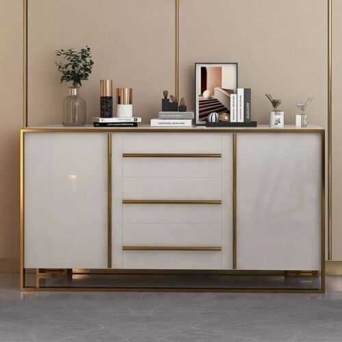Cylina 59" Glossy White Buffet & Sideboard With 3 Drawers & 2 Doors - Leg Needs Repair  - Lot 92